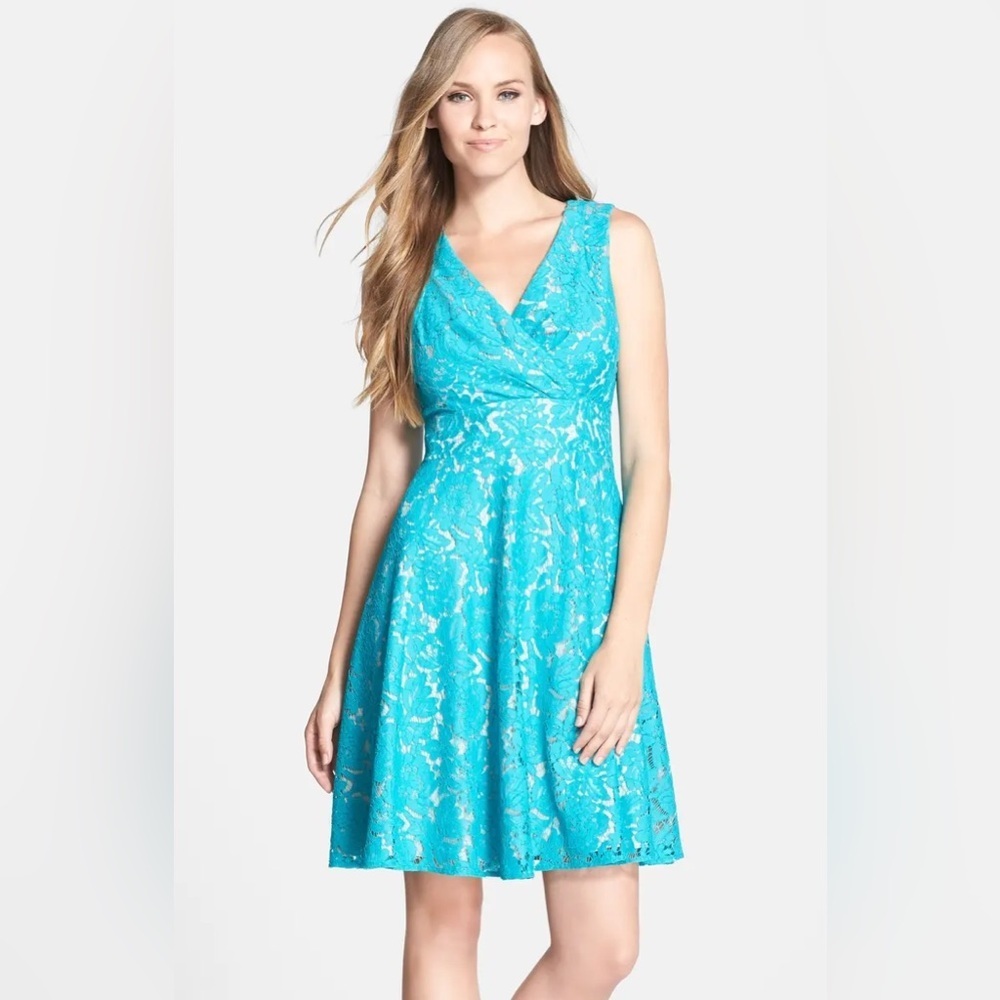 NWT Eliza J Missy Teal Turquoise Lace Flare Midi Dress Size 8